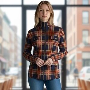 RACHEL ZOE Blue Rust Orange Plaid Knit Jacket‎ Full Zip Mock Neck Women's Small